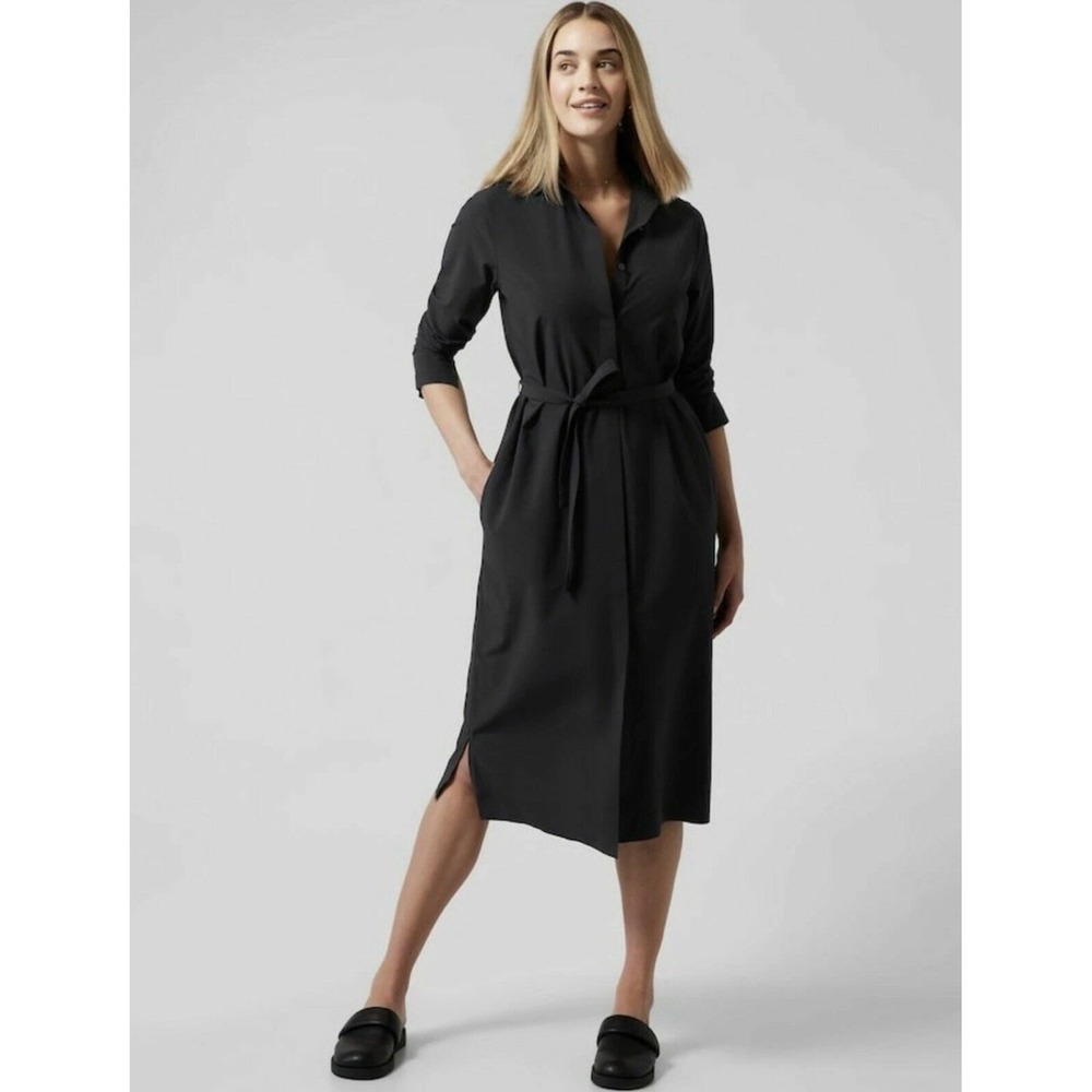 Athleta Urbanite Dress Black L Featherweight Stretch Shirt Midi Dress NWOT